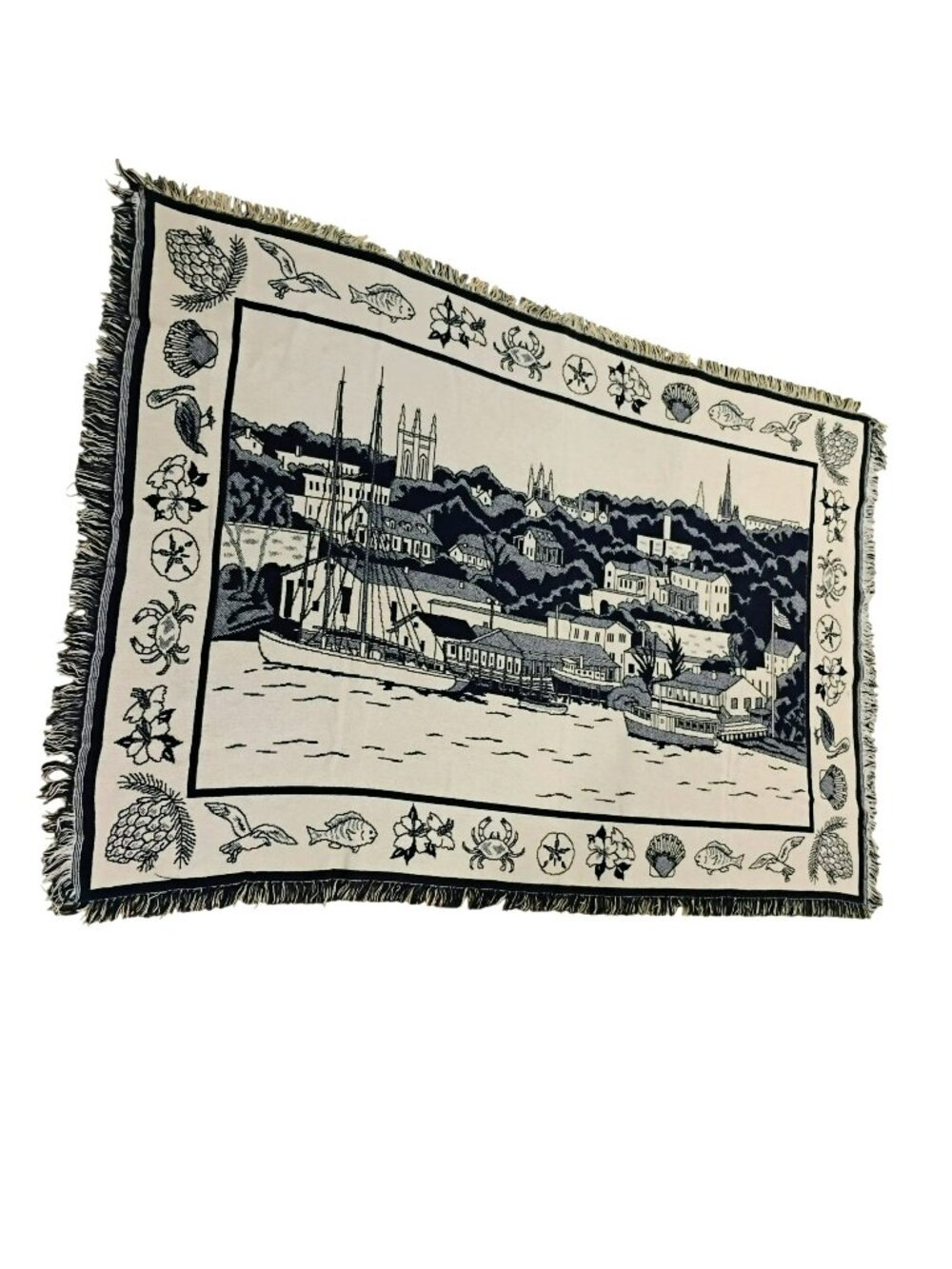 Vintage Nautical Woven Tapestry Throw Blanket 72x48 Coastal Town Ship Scene Navy
